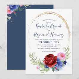 バーガンディ ネイビー ブラッシュ ゴールド フローラル ラスティック ウェディング 招待状