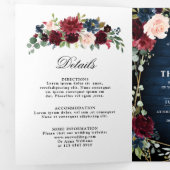 バーガンディ ネイビー ブラッシュ フラワーズ ゴールド ジオメトリック ウェディング 三つ折り案内状 (内部最初)