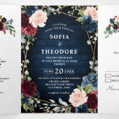 バーガンディ ネイビー ブラッシュ フラワーズ ゴールド ジオメトリック ウェディング 三つ折り案内状 (内部中)