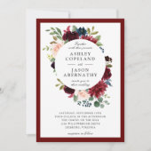 バーガンディ ネイビー ブラッシュ フレームド フローラル ウェディング 招待状 (正面)