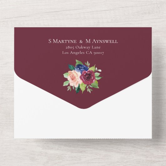 バーガンディ ネイビー ブラッシュ フローラル 秋のウェディング オールインワン招待状 (裏面)