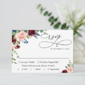 バーガンディ ネイビー ユーカリ ローズ ウェディング ご飯の選択 出欠カード (スタンド正面)