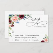 バーガンディ ネイビー ユーカリ ローズ ウェディング ご飯の選択 出欠カード (正面/裏面)