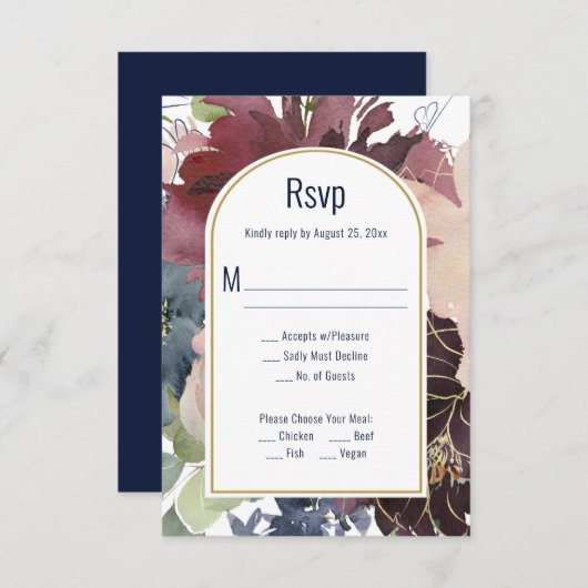 バーガンディ、バラ、ネイビー金ゴールドアーチRSVP 出欠カード (正面/裏面)