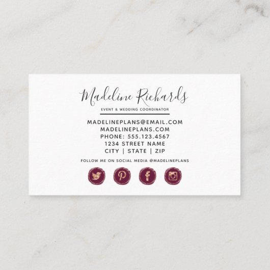 バーガンディ&ピンクフローラとソーシャルメディアのアイコン 名刺 (裏面)