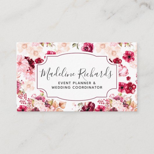 バーガンディ&ピンクフローラとソーシャルメディアのアイコン 名刺 (正面)