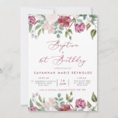 バーガンディ&ピンクフローラバプテスマ&誕生日 招待状 (正面)