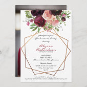 バーガンディ&ピンクフローラフレーム写真卒業 招待状 (正面/裏面)