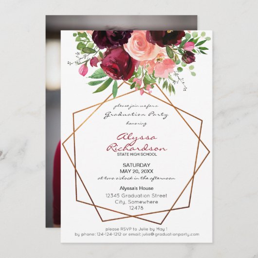 バーガンディ&ピンクフローラフレーム写真卒業 招待状 (正面/裏面)