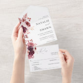 バーガンディ&ピンクフローラ8A結婚ズ オールインワン招待状 (貼ってはがせる)