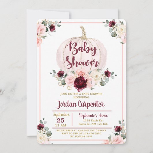 バーガンディ&ピンクベビーガールシャワー招待状 招待状 (正面)