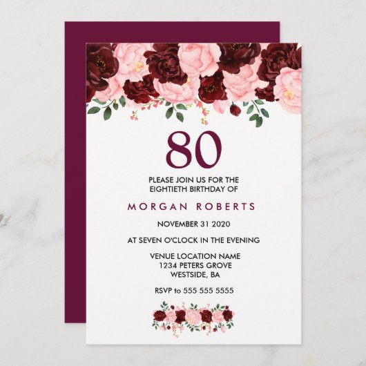 バーガンディ&ピンク花80誕生日招待状 招待状 (正面/裏面)