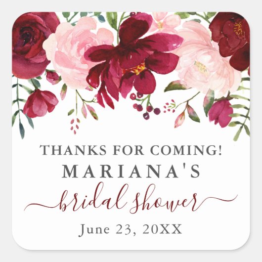 バーガンディ ピンク フラワー ブライダル シャワー フェイバーズ スクエアシール (正面)