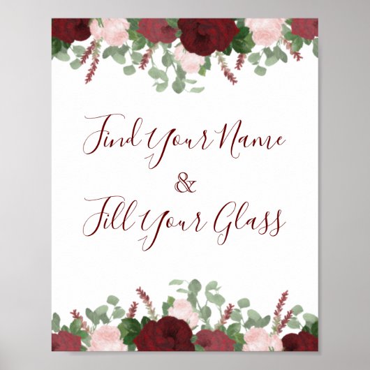 バーガンディ ピンク フローラル ローズ ブライダル シャワー デコ ポスター (正面)