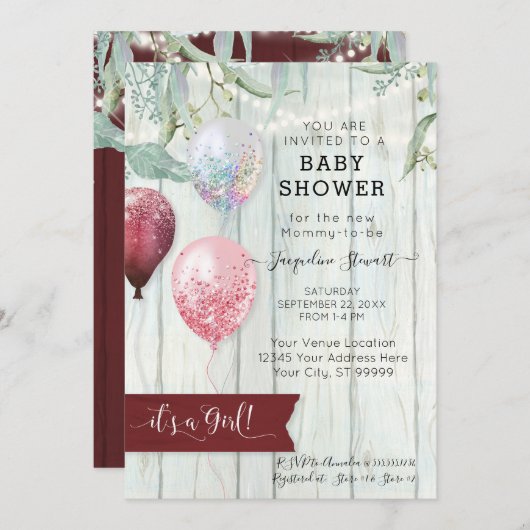 『バーガンディ・ピンク・素朴バルーン』 招待状 (正面/裏面)