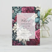 バーガンディ、フォレストグリーン、チャコールグレイの花柄の結婚式 招待状 (スタンド正面)