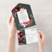 バーガンディ フォレストグリーン ブラッシュ フラワル ウォーターカラー オールインワン招待状 (貼ってはがせる)