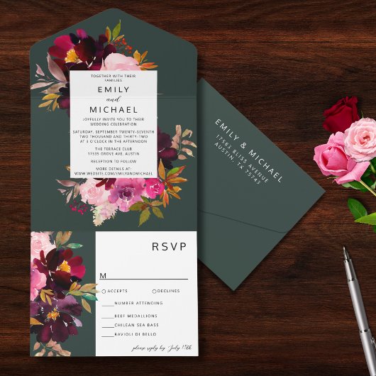 バーガンディ フォレストグリーン ブラッシュ フラワル ウォーターカラー オールインワン招待状