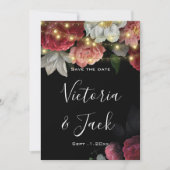 バーガンディ フラワル ラスティック ストリング ライト 保存日 招待状 (正面)