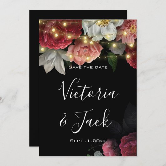 バーガンディ フラワル ラスティック ストリング ライト 保存日 招待状 (正面/裏面)