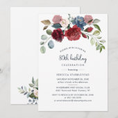 バーガンディ フラワル 80歳の誕生日 ボタニカル 招待状 (正面/裏面)