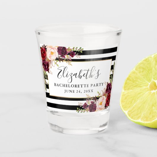 バーガンディ フラワーストライプ ブライズメイド パーティー ショットグラス (正面)