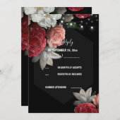 バーガンディ フラワーストリング ライトの招待状（出欠返信付） 招待状 (正面/裏面)