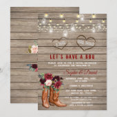 バーガンディ フラワーズ ウェスタン カウボーイ ブーツ 私も BBQ 招待状 (正面/裏面)