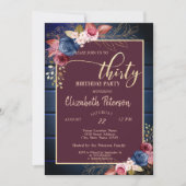 バーガンディ フラワーズ ネイビー ブルー ウッド 30歳の誕生日 招待状 (正面)