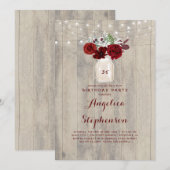 バーガンディ フラワーズ メイソンジャー ラスティック バースデー パーティー 招待状 (正面/裏面)