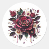 バーガンディ フラワーズ、葉とパールの水彩 ラウンドシール (正面)