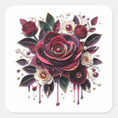 バーガンディ フラワーズ、葉とパール スクエアシール (正面)