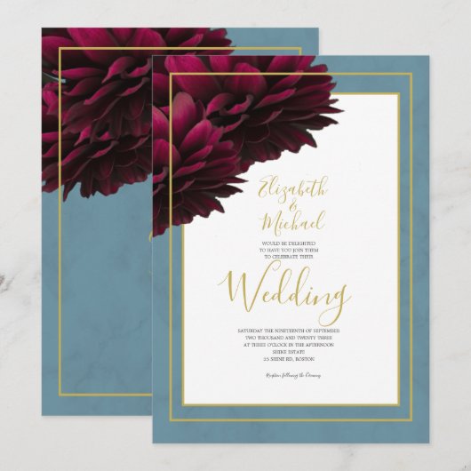 バーガンディ フラワーダスティーブルー ゴールド エレガント ウェディング 招待状 (正面/裏面)