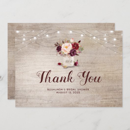 バーガンディ フラワーマソンジャー ブライダルシャワー サンクス サンキューカード (正面/裏面)