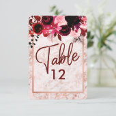 バーガンディ フラワーリアル&ローズゴールドの結婚式テーブルナンバー 招待状 (スタンド正面)