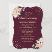 バーガンディ フラワール コンフェッティ 50周年 結婚記念日 招待状 (正面)