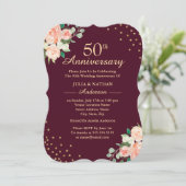 バーガンディ フラワール コンフェッティ 50周年 結婚記念日 招待状 (スタンド正面)