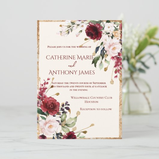 バーガンディ フラワール ゴールド ウェディング 招待状 (スタンド正面)