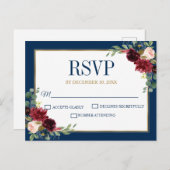 バーガンディ フラワール ゴールド ネイビーブルー ラスティック ウェディング RSVP ポストカード (正面/裏面)