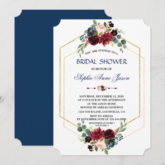 バーガンディ フラワール ゴールド ヘキサゴン フレーム ブライダル シャワー 招待状 (正面/裏面)