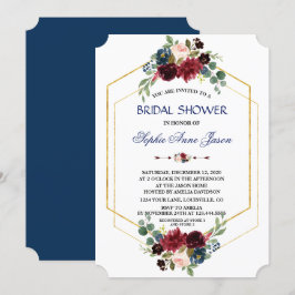 バーガンディ フラワール ゴールド ヘキサゴン フレーム ブライダル シャワー 招待状