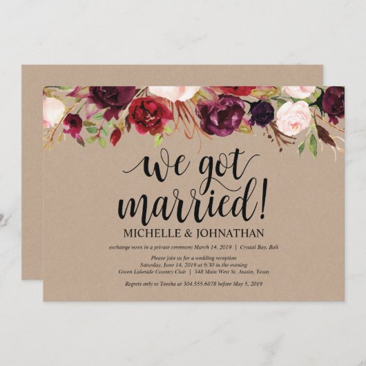 バーガンディ フラワー エロープメント レセプション クラフト インビテ 招待状 (正面/裏面)