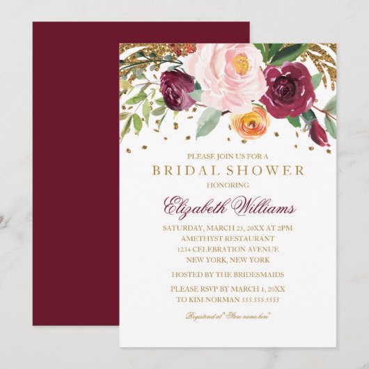 バーガンディ フラワー グリッター スパークリング ブライダル シャワー 招待状 (正面/裏面)