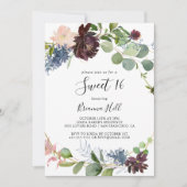 バーガンディ フラワー グリーン スウィート16 誕生日パーティー 招待状 (正面)