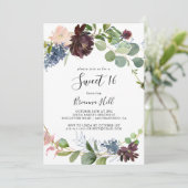 バーガンディ フラワー グリーン スウィート16 誕生日パーティー 招待状 (スタンド正面)