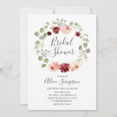 バーガンディ フラワー グリーン ユーカリ ブライダル シャワー 招待状 (正面)