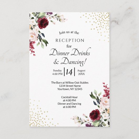 バーガンディ フラワー ゴールド フォイル ウェディング レセプション エンクロージャーカード (正面)