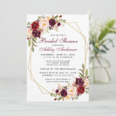 バーガンディ フラワー ジオメトリック ゴールド フレーム ブライダル シャワー 招待状 (スタンド正面)