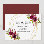 バーガンディ フラワー ジオメトリック セーブ・ザ・デート 招待状 (正面/裏面)