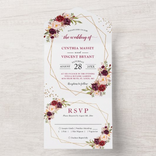 バーガンディ フラワー ジオメトリック（封筒不要）ウェディング オールインワン招待状 (内側)